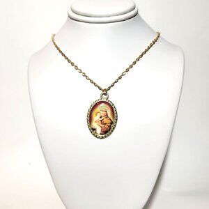 ⭐️Vintage Catholic Amber Saint Anthony Gold Baby Jesus Oval Religious Necklace